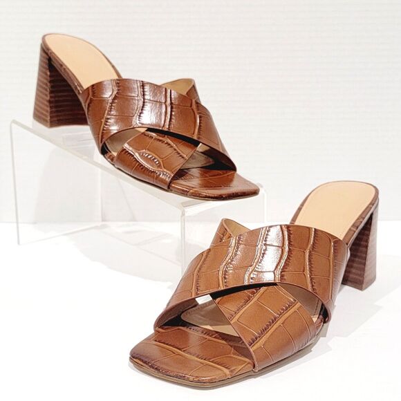 Marc Fisher Saydi Sandals Womens Sz 9 Croc Embossed Brown Square Toe Block Heels - Picture 1 of 15